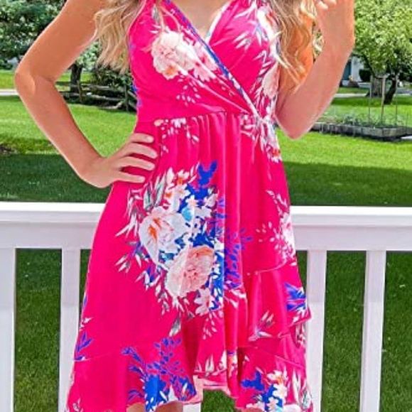 ULTRANICE Womens Summer Floral Wrap V Neck Adjustable Spaghetti Casual Dress - Picture 1 of 5